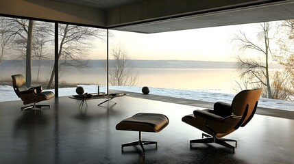 Fototapeta premium Modern minimalist living room with floor-to-ceiling windows offering scenic lake view. Two armchairs and ottoman are positioned for relaxation, enjoying winter landscape.