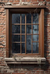 Old wooden window with tangled cobwebs and grime , weathered, rustic, aged