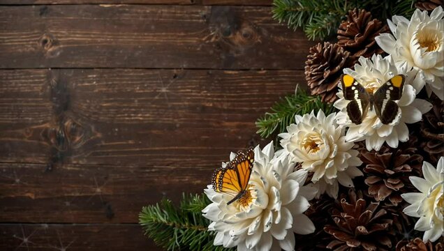 A wooden board filled with roses and pinecones. Seamless 4K looping timelapse video animation background