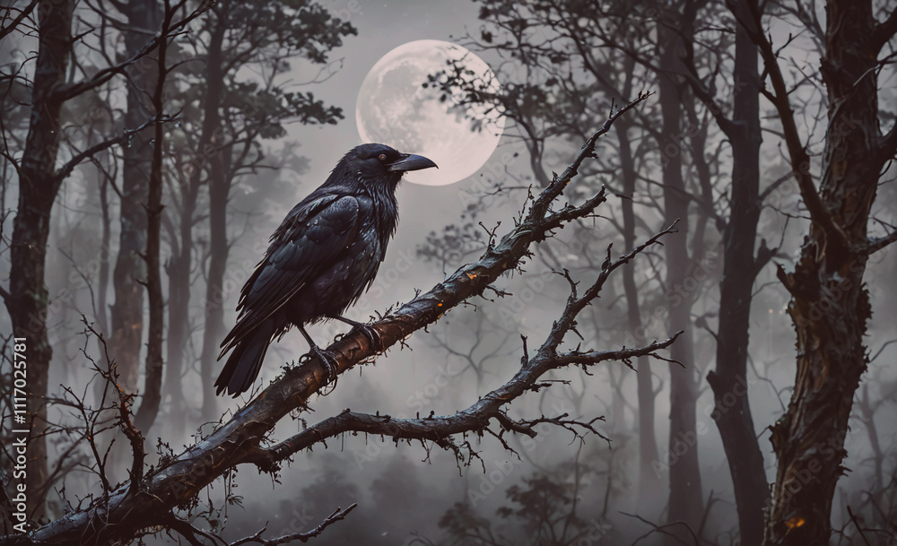 Aufkleber black crow is perched on a tree branch. the moon is in the background. the sky is dark and cloudy