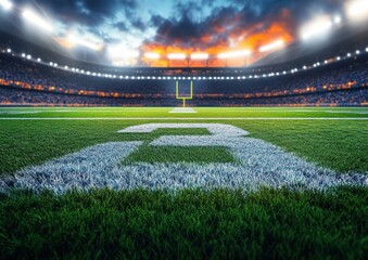 American Football Field Under Stadium Lights Ready for Game at 50 Yard Line