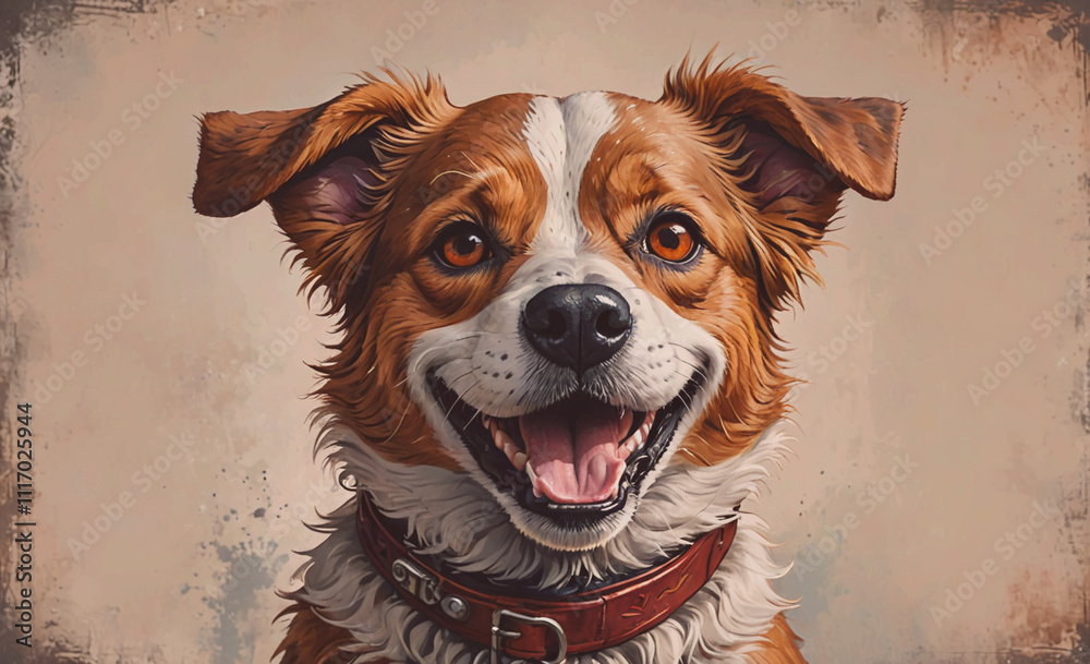 Poster dog with a brown and white coat is smiling and wearing a red collar. the dog's eyes are open and it 