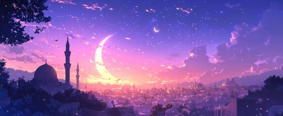 Obraz premium Crescent Moon Over a City at Twilight