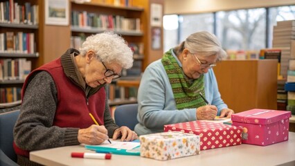Fototapeta premium A quiet corner of a library where two older adults sit across from each other assembling gift bundles with care. One is wrapping items in colorful tissue paper while the other is