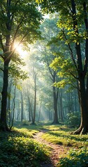 Quiet forest glade with dappled sunlight filtering through leaves, dappled light, woodland ambiance