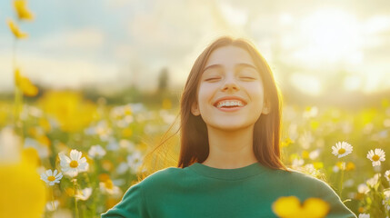 A joyful person stands in a sunlit field of daisies, embracing the warmth and beauty of nature, with a serene smile on their face.