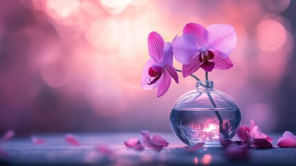 Two pink orchids in a glass vase with petals scattered on a wooden table, with a soft, blurred pink and purple background.