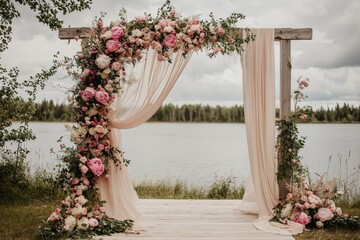 Lavish boho wedding arch with pink flowers and draped satin curtains by tranquil lake for a romantic ceremony celebration