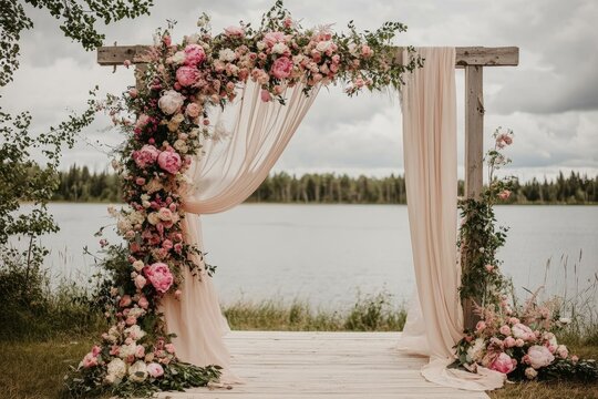 Lavish boho wedding arch with pink flowers and draped satin curtains by tranquil lake for a romantic ceremony celebration - Powered by Adobe