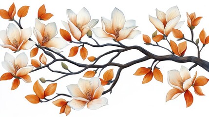 Orange & White Magnolia Blossom Branch | Watercolor illustrations