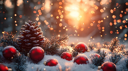 Festive winter scene with pine cone and red ornaments