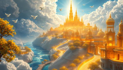 A magical fantasy landscape with a golden glowing palace amidst a cloudscape