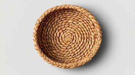 Top view of empty round woven seagrass basket.