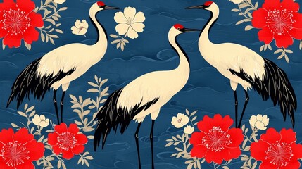 Three elegant cranes amidst red and white flowers on a blue water background.