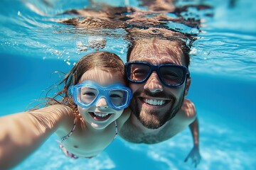 Playful underwater shot of father and daughter swimming in clear blue pool