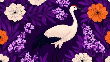 Seamless pattern with crane bird and flowers on purple background.