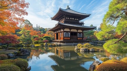 Serene Autumn Temple Reflecting in Still Water