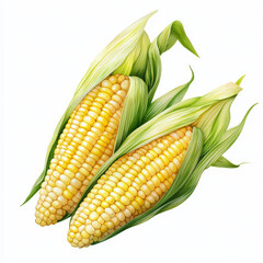 watercolor Freshly picked corn with husks showcases vibrant yellow kernels and lush green leaves, evoking sense of harvest joy and natural abundance.