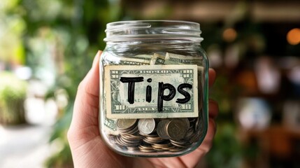 A hand holds a jar labeled "Tips" filled with cash and coins.