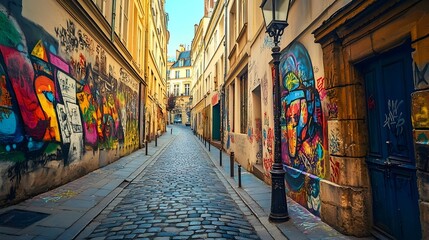 Naklejka premium Narrow cobblestone street in city with colorful graffiti on building walls.