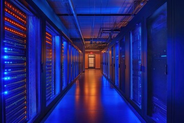 Fototapeta premium Sleek modern data center corridor with blue and warm lighting and server racks