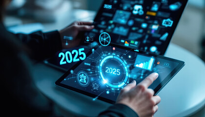 Person using a laptop and tablet with digital icons and '2025' displayed, representing future business and technology themes.