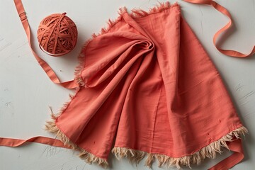 Coral Frayed Fabric with Ribbons on Light Background