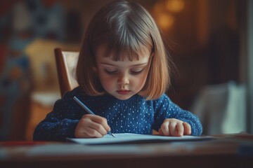 Cheerful Girl Concentrating on Homework with a Test Paper