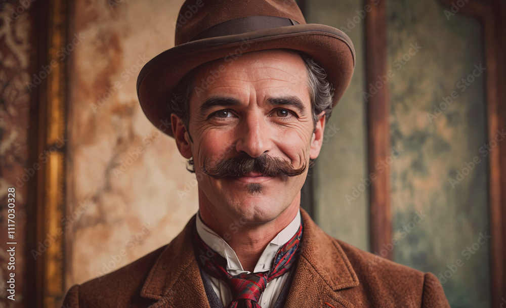 Poster Man with a mustache and a hat. He is wearing a brown coat and a red tie