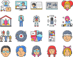 otaku anime manga eyes icons set vector. japanese, japan piece, one boy, asian concert, shirt cosplay, cheering cat, samurai otaku anime manga eyes color line illustrations