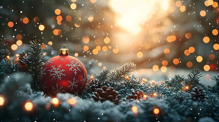 Festive Red Ornament Amidst Snowy Winter Scene