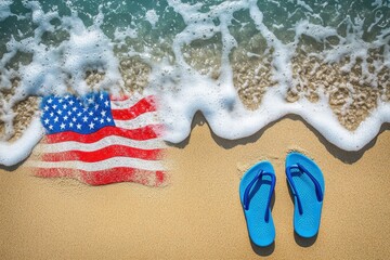 Naklejka premium American flag in sand with ocean waves and blue flip-flops on beach