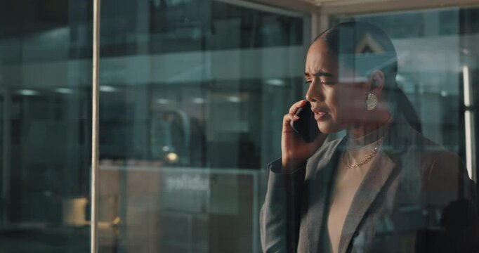 Frustrated, business woman and night with phone call for difficult negotiation, proposition or proposal at office. Upset, female person or employee working late with mobile smartphone for discussion
