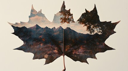 Naklejka premium double exposure of a large leaf with intricate details and a landscape of mountains, representing the connection between the earth's natural resources and its ecosystems. [Large leaves]:[Details] 