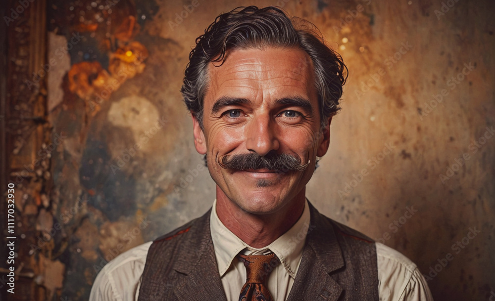 Poster man with a mustache and a tie is smiling. he is wearing a vest and a tie