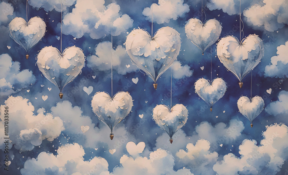 Poster painting of clouds with many white hearts hanging from them. the hearts are scattered throughout the