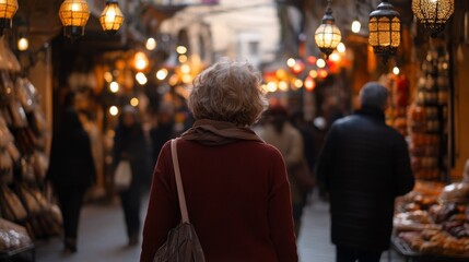 Fototapeta premium Woman Walking Through a Vibrant Bazaar Surrounded by Colorful Lanterns and Busy Shoppers, Capturing the Magic of a Lively Market Atmosphere