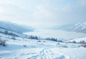 Winter landscape with snow-covered hills and a frozen lake in the distance, icy, winter