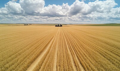 Fototapeta premium A vast golden wheat field under a cloudy sky, with machinery in the distance.
