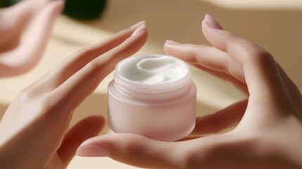 Close-up photo of small white cosmetic product in packaging with hands examining it