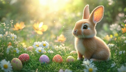 Fototapeta premium Easter Bunny Cartoon on Grass with Colorful Eggs Flowers and Copy Space for Greeting Card