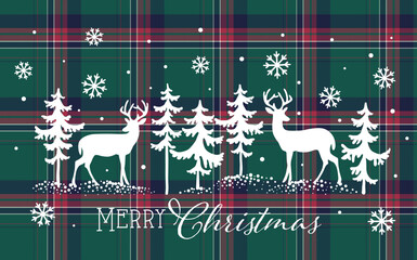 Christmas Deer, Pine Trees,  Snowflakes, and Merry Christmas Text with Green and Red Plaid Background- Christmas Vector Illustration