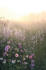 A misty field filled with colorful wildflowers at sunrise.