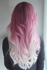 Naklejka premium A back view of long, wavy hair with a gradient from pink to white.