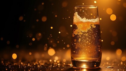 "Champagne glass with golden bubbles and confetti rising in a glowing black and gold background. A luxurious New Year’s toast in vibrant detail."