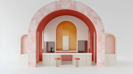 Fototapeta premium Pastel pink and orange arched minimalist kitchen interior design rendering.