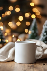 Blank White Mug with Cozy Christmas Bokeh Background