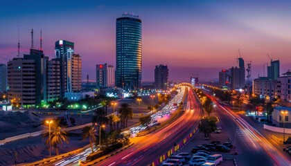 Obraz premium A vibrant cityscape at dusk, showcasing urban architecture and traffic.