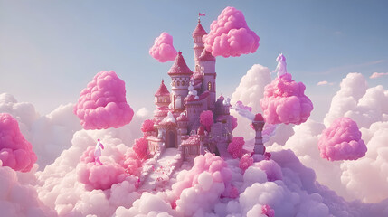 Fototapeta premium Pink castle on fluffy clouds, fantasy illustration.