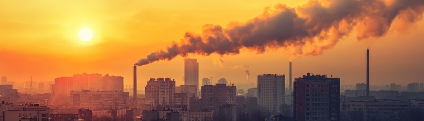 Industrial pollution impacting cityscape at sunset urban environment photography atmospheric viewpoint environmental awareness